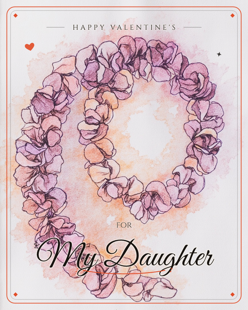 A garland of ruffled pink and mauve blossoms curls into a spiral against a soft, cloud-like wash of white and warm apricot, a valentine e-card design