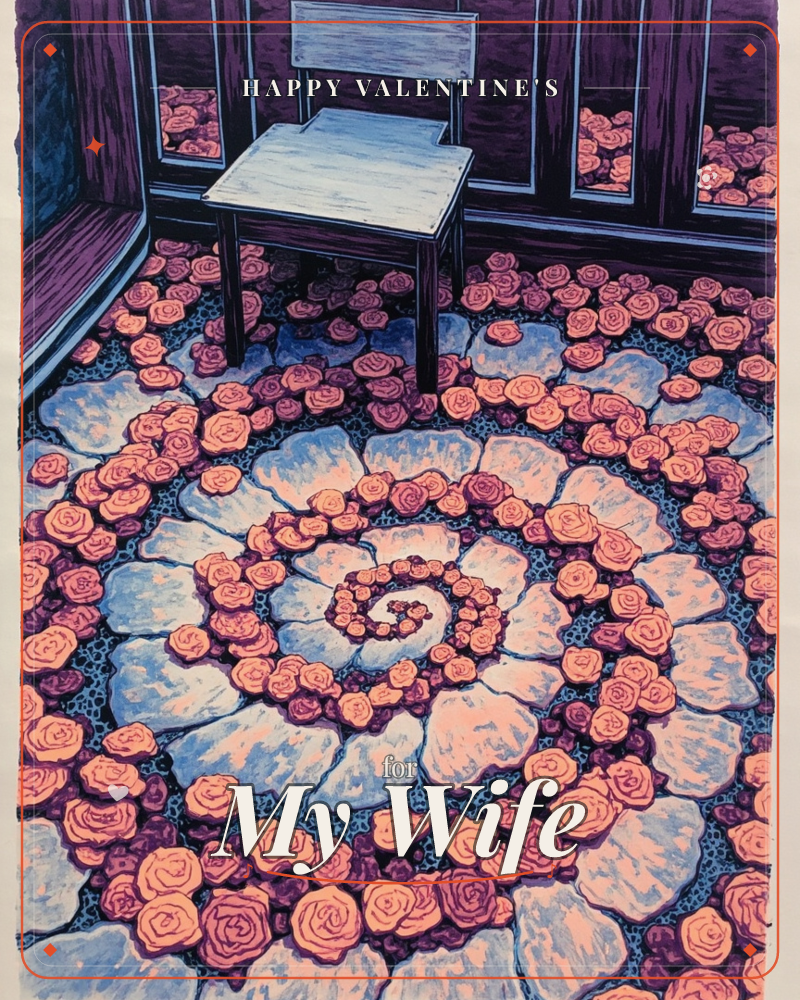A single wooden chair sits in the corner of a room whose floor blooms with a swirling spiral of stylised roses in coral, blush, and deep plum…, a valentine e-card design