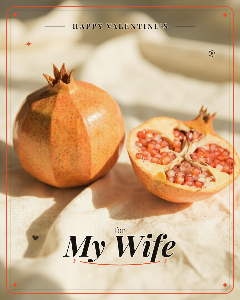 A whole pomegranate sits beside its own halved twin on a rumpled linen cloth, ruby seeds catching the sharp raking light of what looks like late…, a valentine e-card design