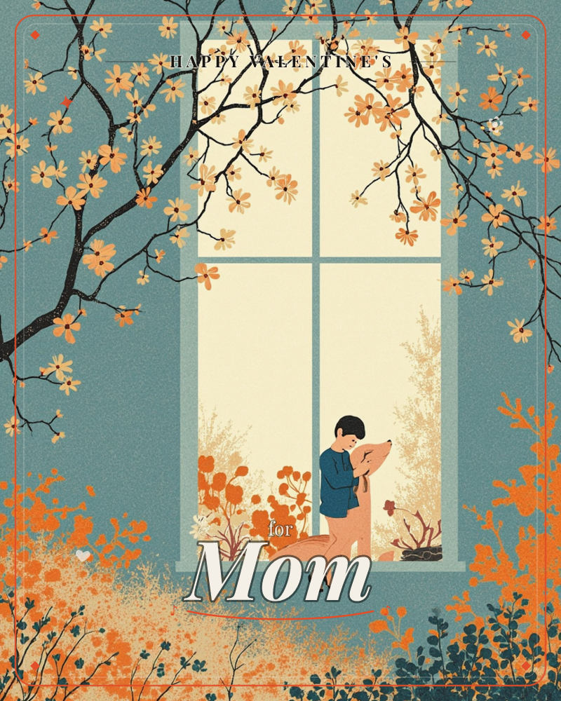 A tall window is framed by branches of orange blossom against a dusty teal sky, and inside the glass a child leans in close to nuzzle a fox standing…, a valentine e-card design