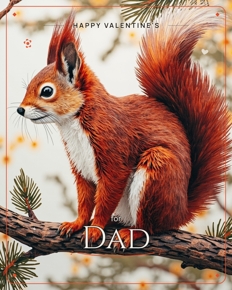 A red squirrel with a magnificently fluffed tail perches on a rough pine branch, its bright black eyes alert and whiskers catching the light, a valentine e-card design