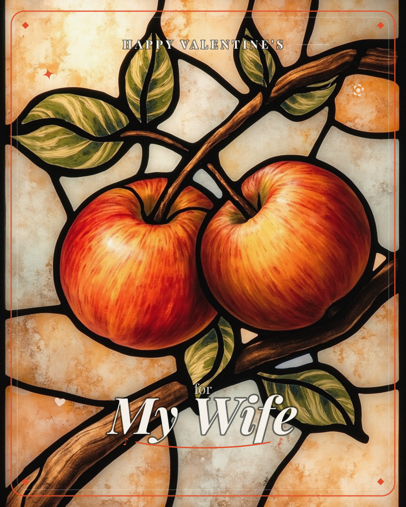 A stained-glass style panel shows two ripe red-and-gold apples hanging together on a leafy branch, each fruit outlined in bold black lead lines, a valentine e-card design