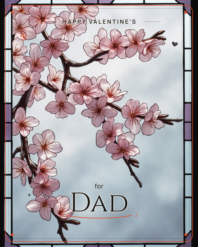 A cherry blossom branch stretches across a stained-glass window, its dark limbs heavy with pink flowers set against a pale, cloudy sky, a valentine e-card design