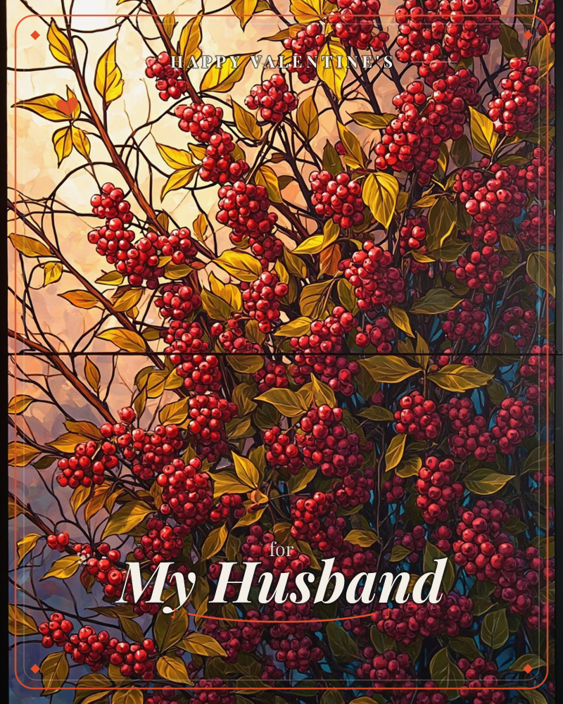 Clusters of deep red berries weigh down slender branches against a glowing amber sky, their gold and olive leaves catching the light like stained glass, a valentine e-card design