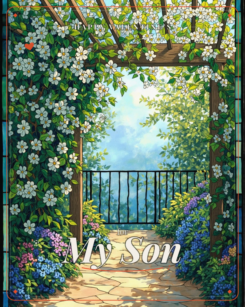 A wooden garden pergola is draped with white climbing flowers and framed by a stained-glass style border in blues and greens, a valentine e-card design