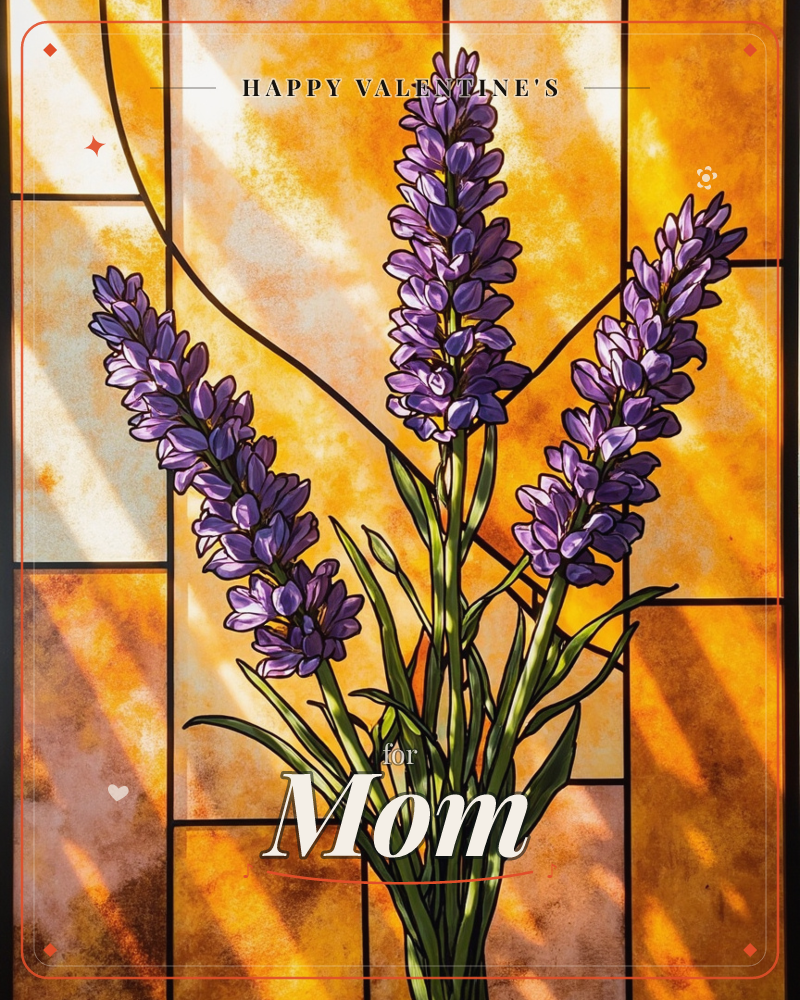 A stained-glass style illustration shows three tall lavender stems rising against a warm amber and gold background, their leaded-glass panels streaked…, a valentine e-card design