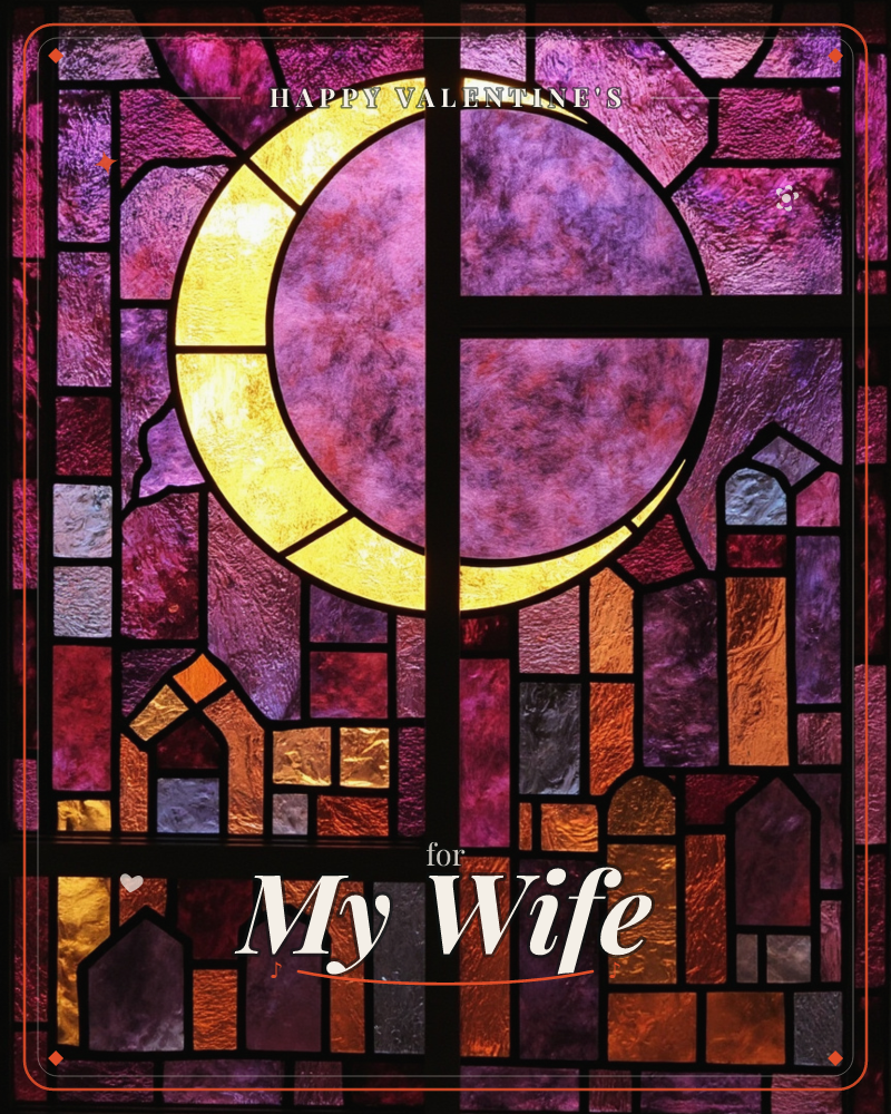 A stained-glass window glows with a great golden crescent moon cradling a violet orb, set above a jagged skyline of jewel-toned rooftops and spires, a valentine e-card design