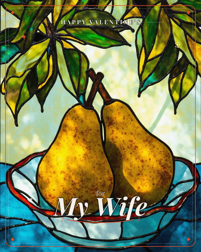 Two golden pears lean stem to stem in a scalloped blue-and-white bowl, rendered as a stained-glass panel with heavy black leading, a valentine e-card design