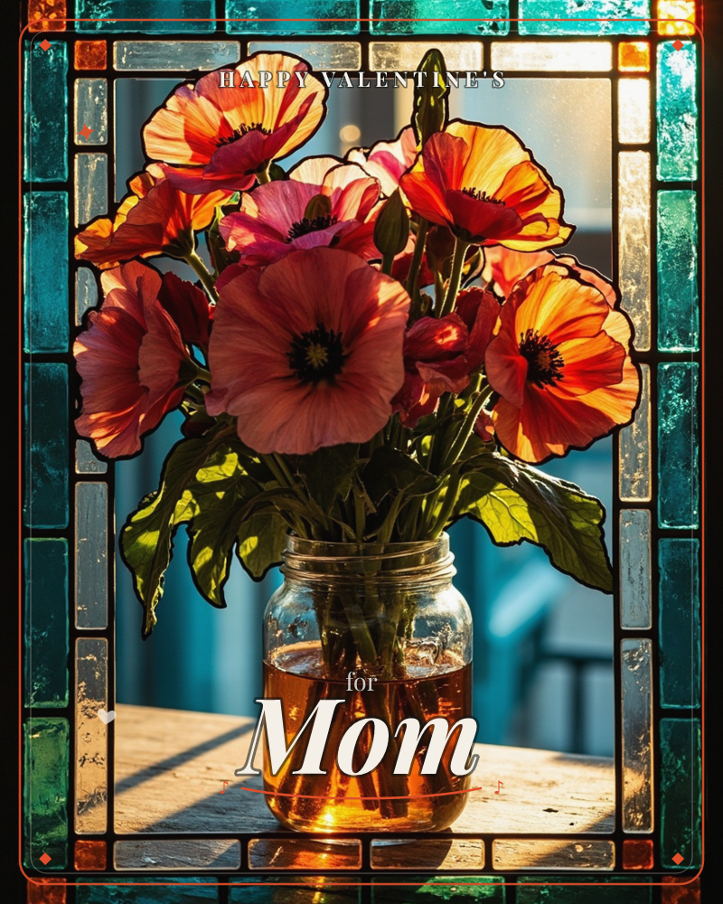 A glass jar of poppies sits on a sunlit windowsill, framed by a mosaic of teal and amber stained glass, a valentine e-card design
