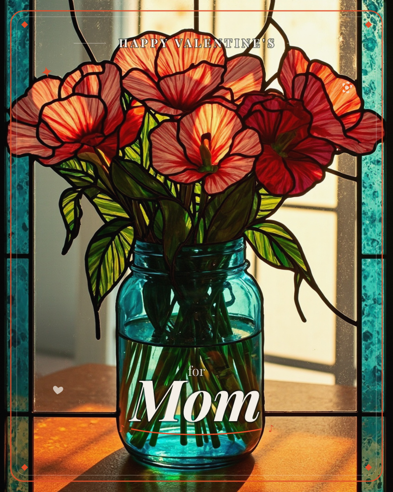 A stained-glass style bouquet of red and coral poppies sits in a teal glass jar, backlit by warm golden light streaming through a window, a valentine e-card design