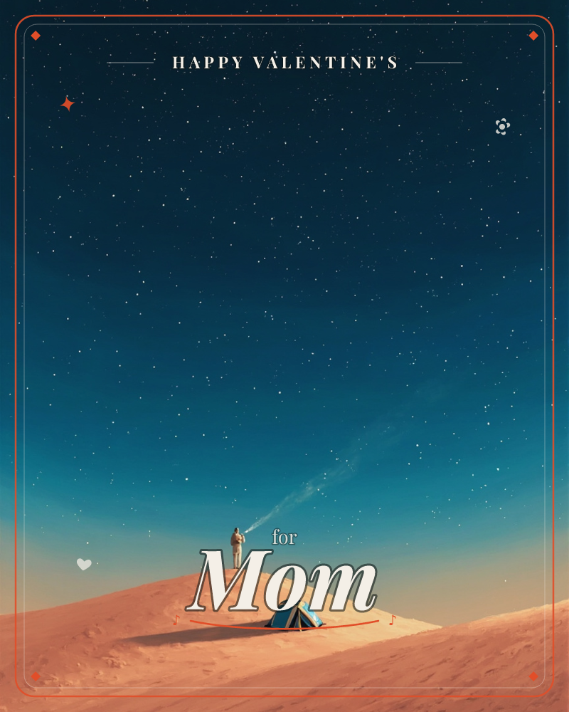 A lone figure stands atop a sandy dune under a vast star-filled night sky, gazing upward with a wisp of smoke or breath curling into the air, a valentine e-card design