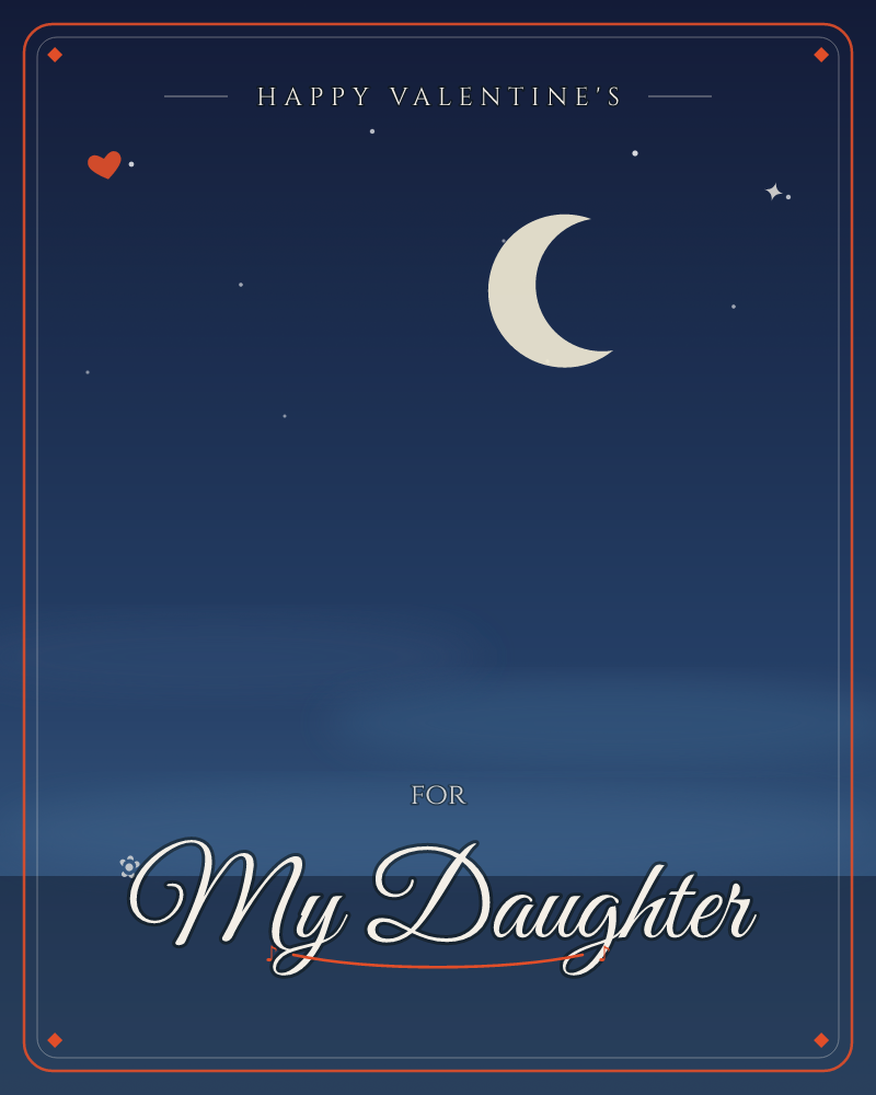 A deep navy night sky fades into a soft, hazy horizon glow, with a pale cream crescent moon hanging above scattered pinprick stars, a valentine e-card design by @DittyCityTeam