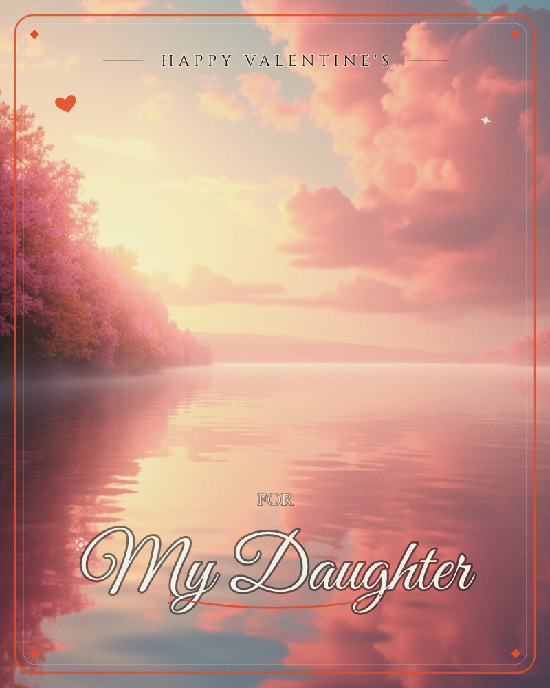 A calm lake at sunrise glows under a sky heaped with pink, billowing clouds, the water so still it mirrors every hue above it, a valentine e-card design