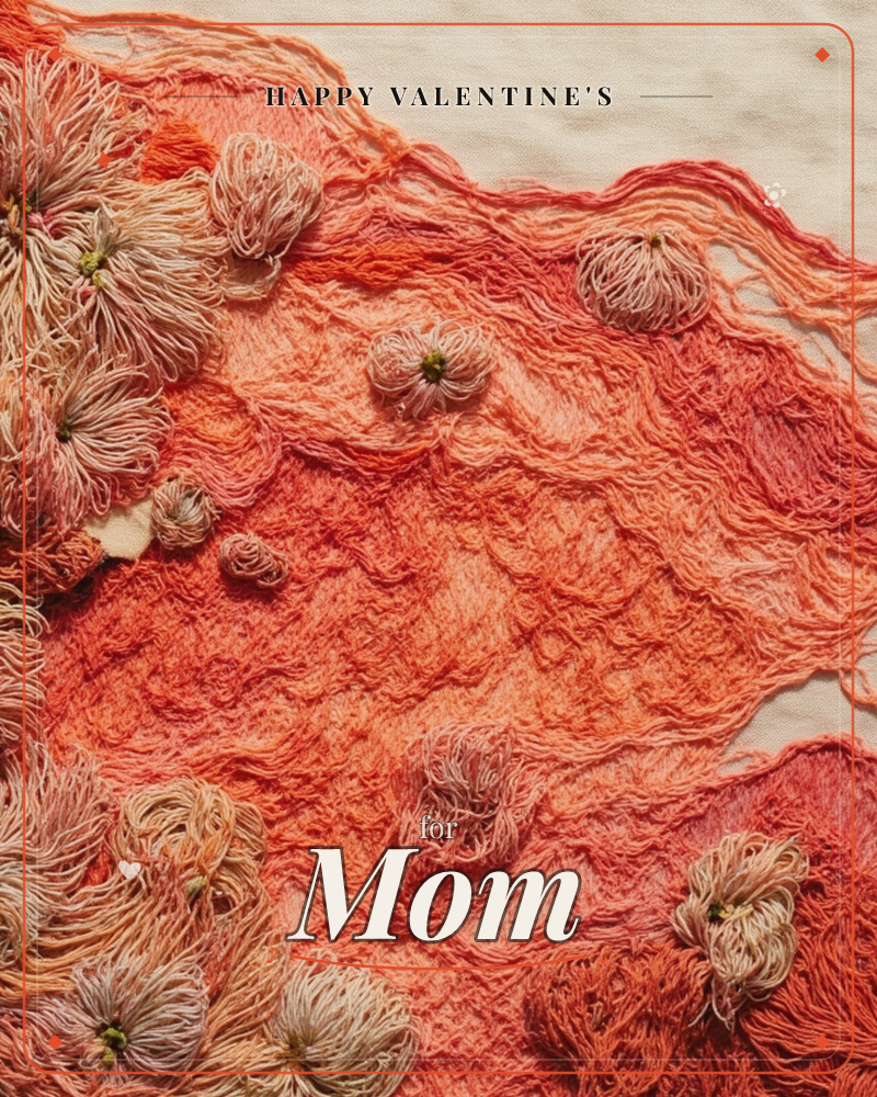 A textured fibre-art piece shows a coral-orange patch of frayed, layered threads spread across raw linen, with tufted clusters of embroidered thread…, a valentine e-card design