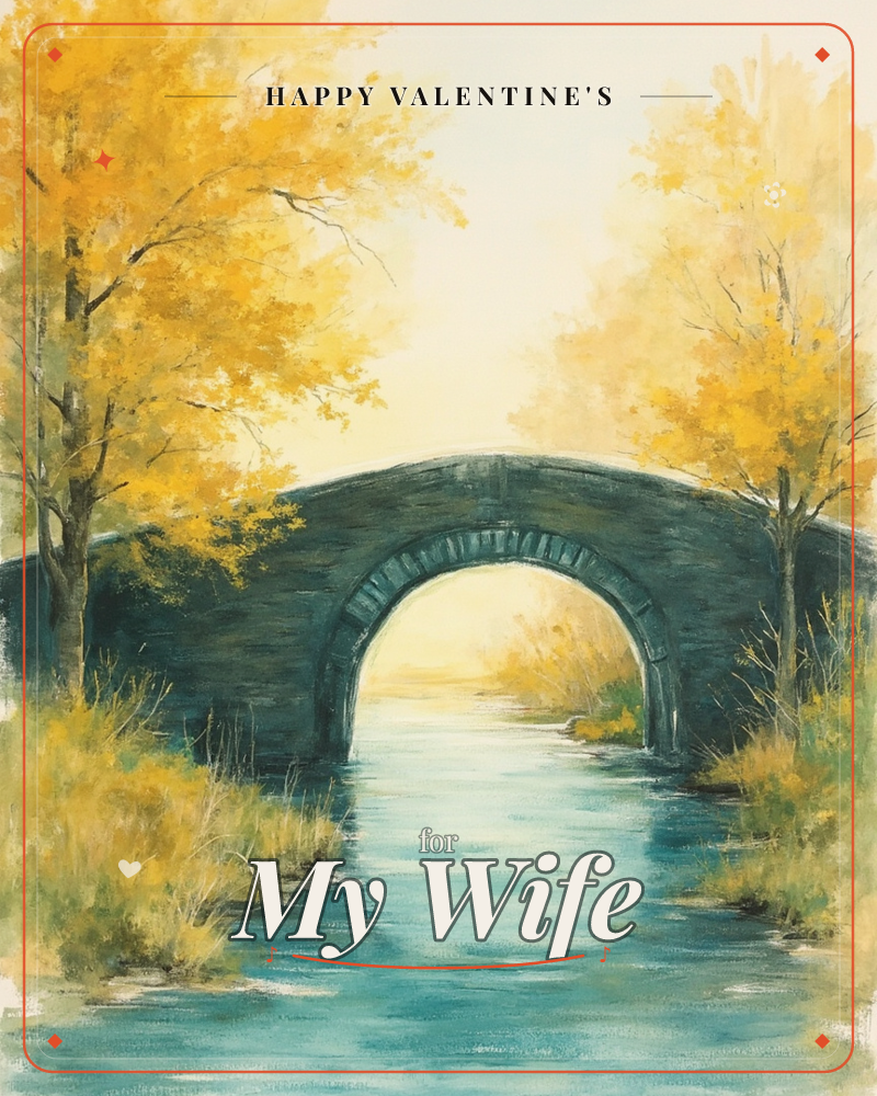 A stone arch bridge spans a calm turquoise stream, its reflection completing a perfect circle in the water below, a valentine e-card design