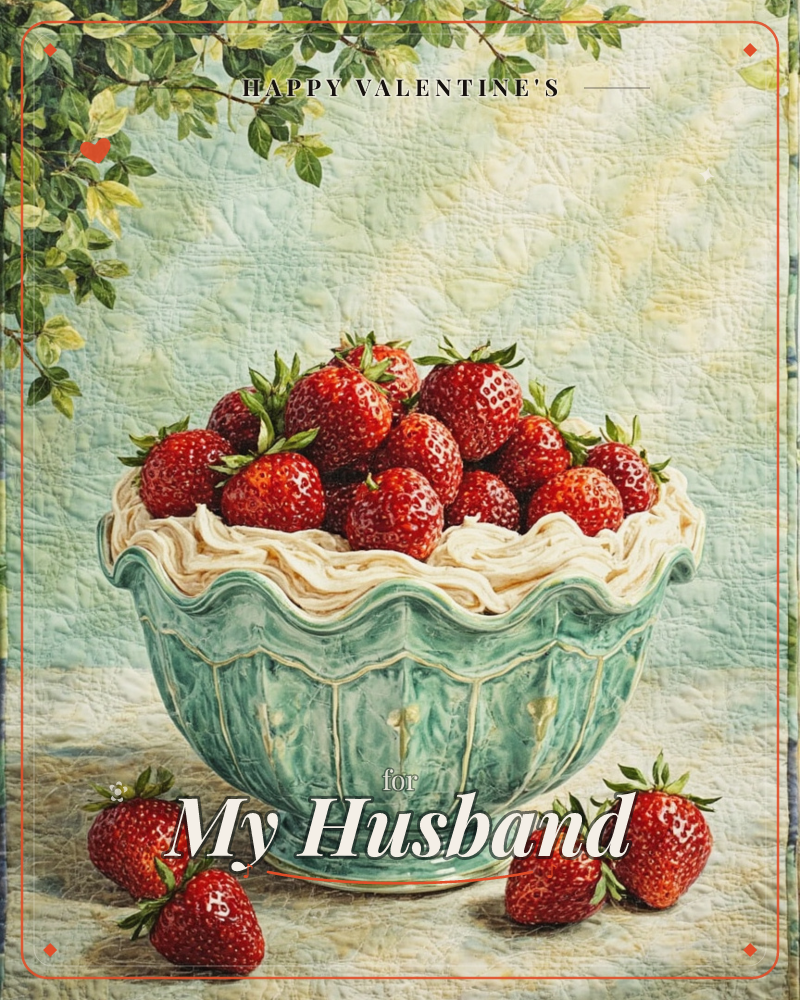 A scalloped seafoam-green ceramic bowl brims with plump red strawberries, framed by a ruffled cream-piped rim and leafy branches trailing in from above, a valentine e-card design