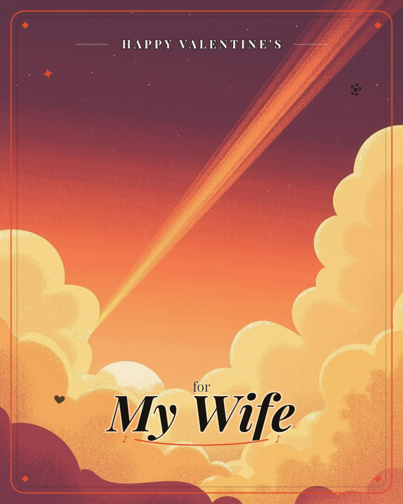 A wide beam of light streaks diagonally across a dusky sky, cutting between deep plum darkness above and a glowing sunset gold below, where a sun peeks…, a valentine e-card design