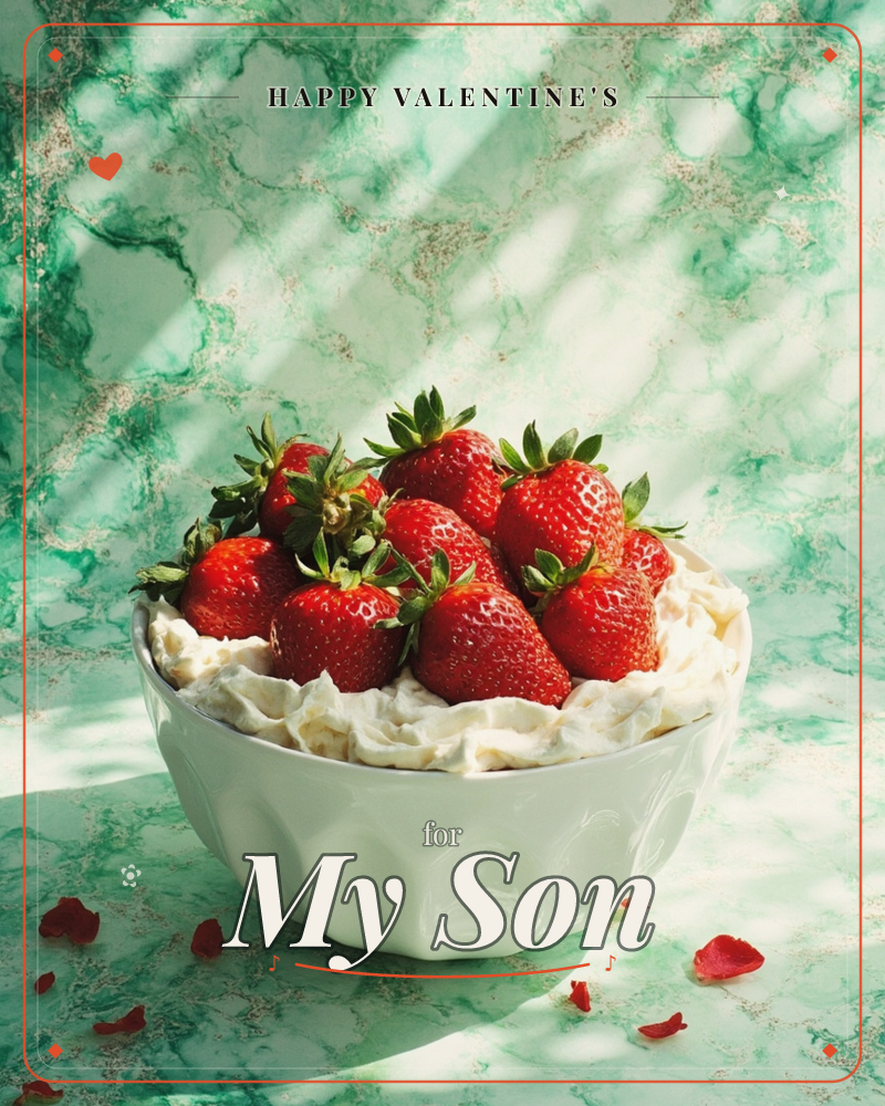 A white fluted bowl piled high with whipped cream and fresh strawberries, their green stems still attached, sits against a green marbled backdrop, a valentine e-card design
