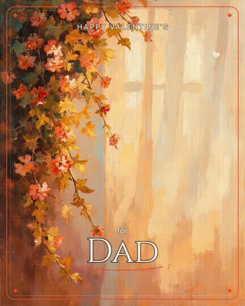 A branch of coral and peach blossoms with golden autumn leaves drapes down the left side of the canvas, set against a warm, sunlit window where soft…, a valentine e-card design