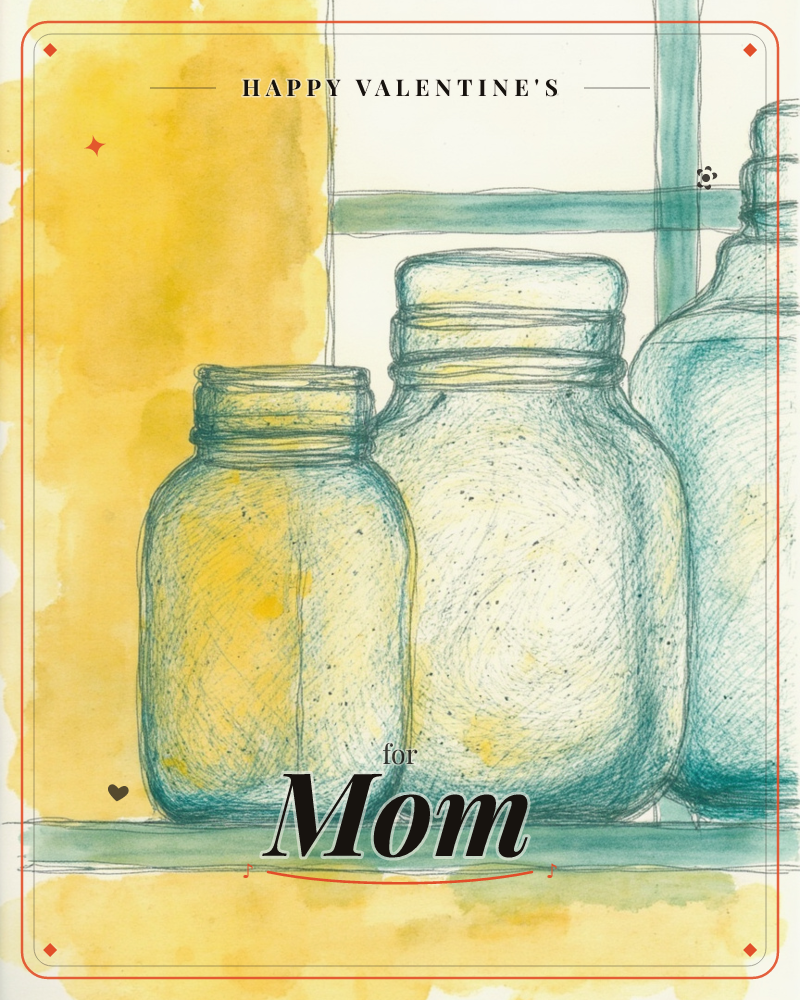 Three glass jars of graduating size sit on a windowsill, sketched in loose teal cross-hatched pen lines and washed with warm yellow watercolour that…, a valentine e-card design