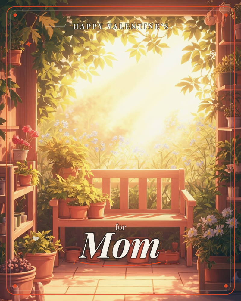 A wooden bench sits under a leafy pergola, framed by shelves crowded with terracotta pots, ferns and flowering plants, a valentine e-card design