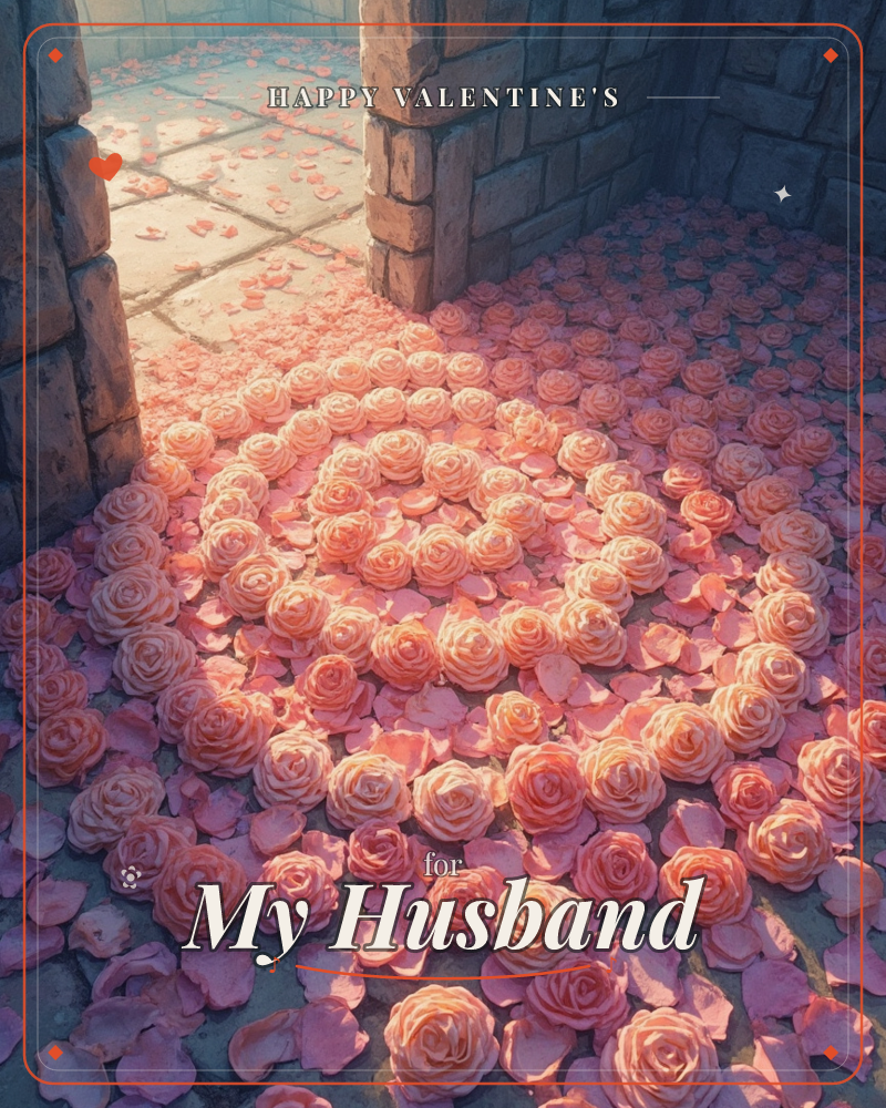 A stone chamber opens onto a sunlit courtyard, its floor entirely covered in peach and pink roses arranged in a spiralling pattern, with scattered…, a valentine e-card design