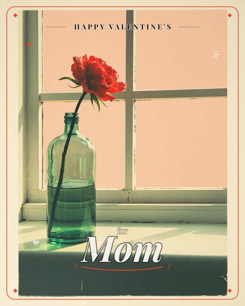A single red rose stands in a green glass bottle on a sunlit windowsill, its old white-framed panes glowing warm behind it, a valentine e-card design