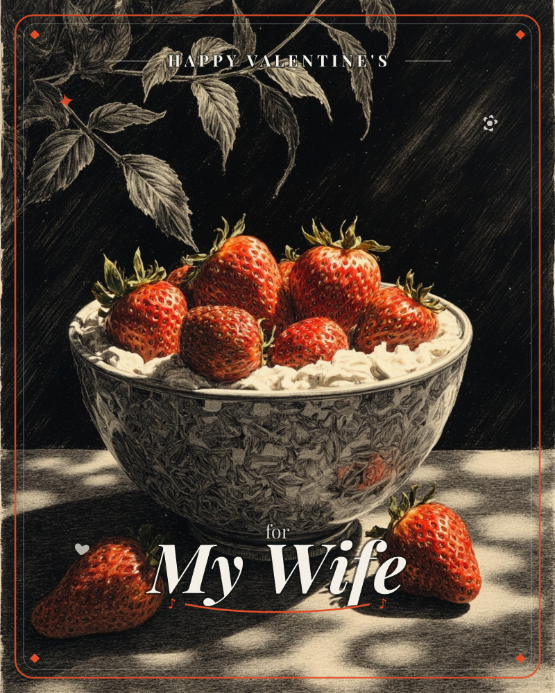 A patterned porcelain bowl heaped with ripe strawberries and whipped cream sits on a dark tabletop dappled with light, two loose strawberries fallen…, a valentine e-card design
