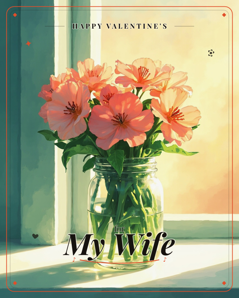 A glass mason jar filled with coral-pink flowers sits on a windowsill, backlit by a warm golden glow streaming through the glass panes, a valentine e-card design