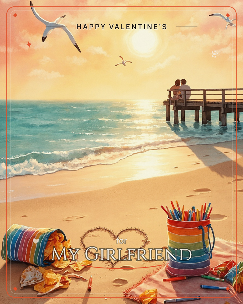 Golden sunset beach, a weathered wooden pier, seabirds circling above glowing waves, a heart drawn in the sand beside scattered crayons and spilled…, a valentine e-card design by @DittyCityTeam