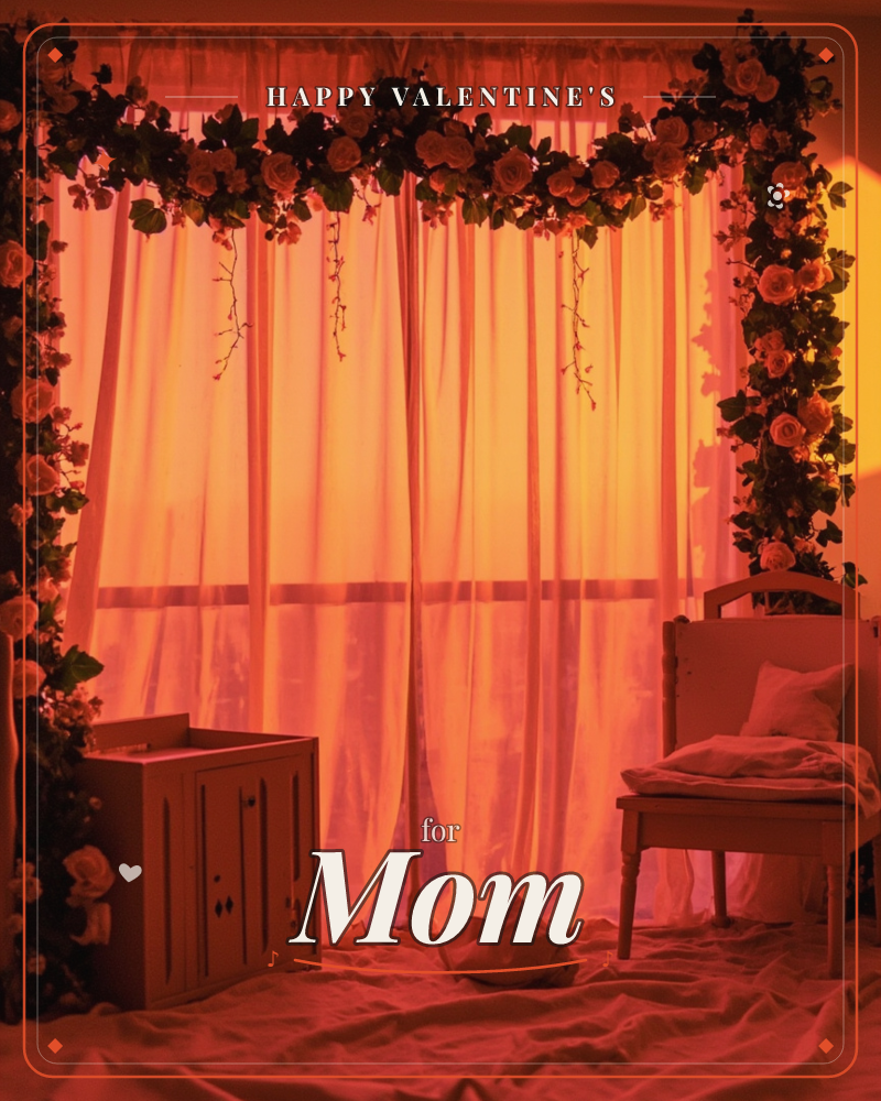 A floral archway frames sheer curtains glowing with warm amber light, roses and trailing greenery draped across the top and down both sides, a valentine e-card design
