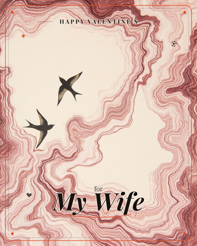 Two dark swallows swoop across a cream field bordered by rippling marbled bands of dusty rose and deep maroon, like agate stone or wood grain, a valentine e-card design