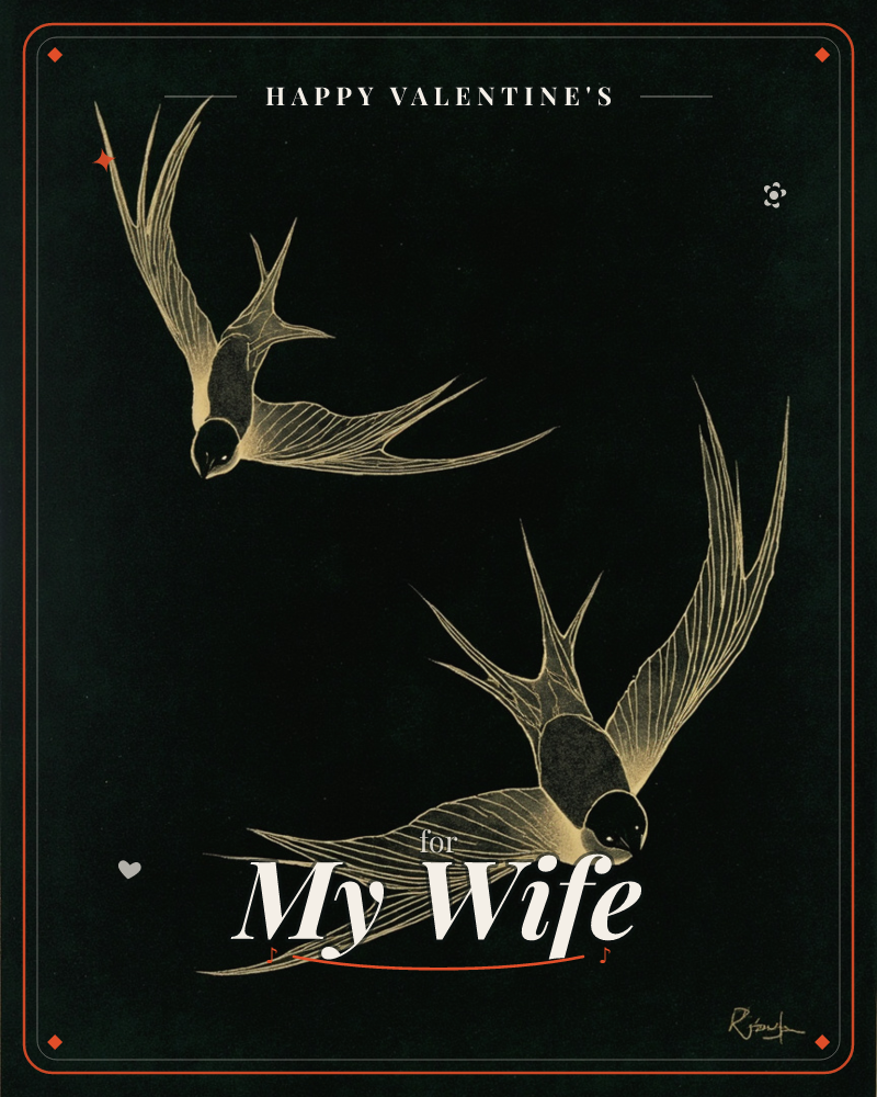 Two swallows swoop diagonally across a deep black background, their long forked tails and outstretched wings rendered in fine gold linework, a valentine e-card design