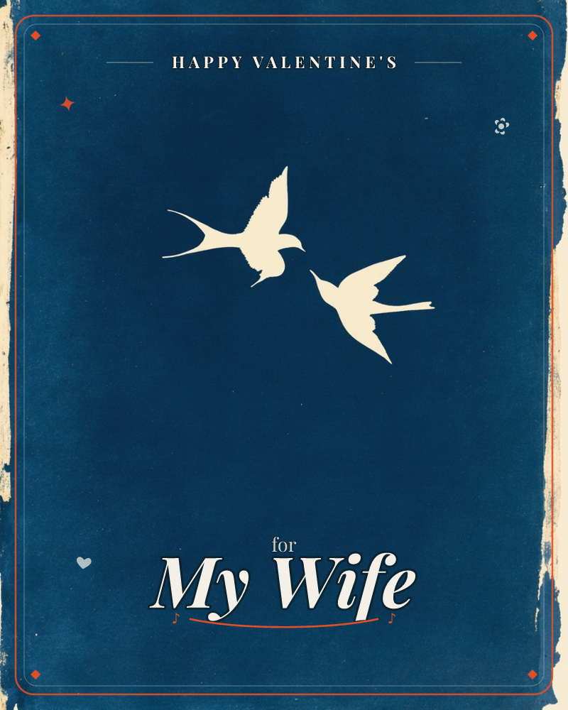 Two long-tailed birds are silhouetted in cream against a deep indigo background, caught mid-flight as if crossing paths in the sky, a valentine e-card design