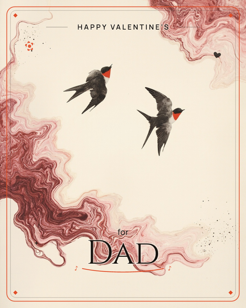 Two swallows with rust-orange throats swoop across a pale cream sky, their dark forked tails cutting through the stillness, a valentine e-card design