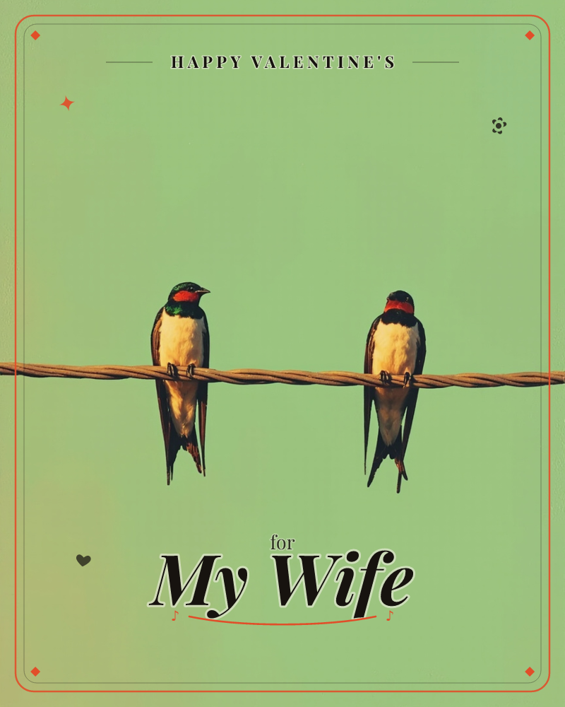 Two swallows perch side by side on a twisted wire against a flat, luminous green sky, a valentine e-card design
