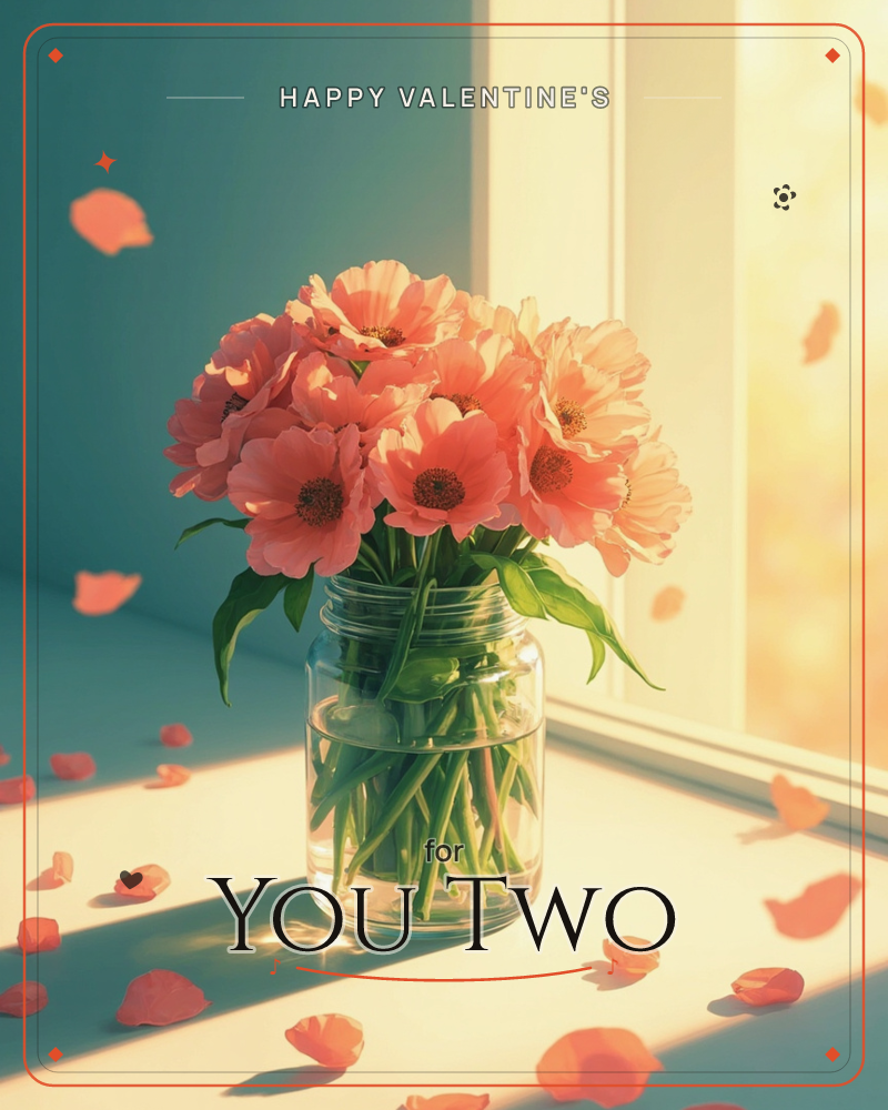 A glass mason jar of coral-pink blooms sits on a sunlit windowsill, warm light streaming through the pane beside a teal-blue wall, a valentine e-card design