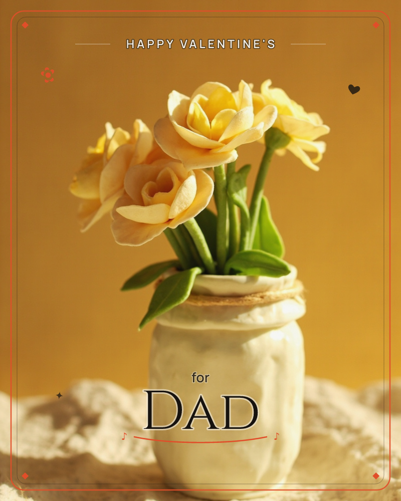 A small cluster of pale yellow roses with soft green leaves sits in a rustic ceramic jar, its lid rimmed with twine, a valentine e-card design