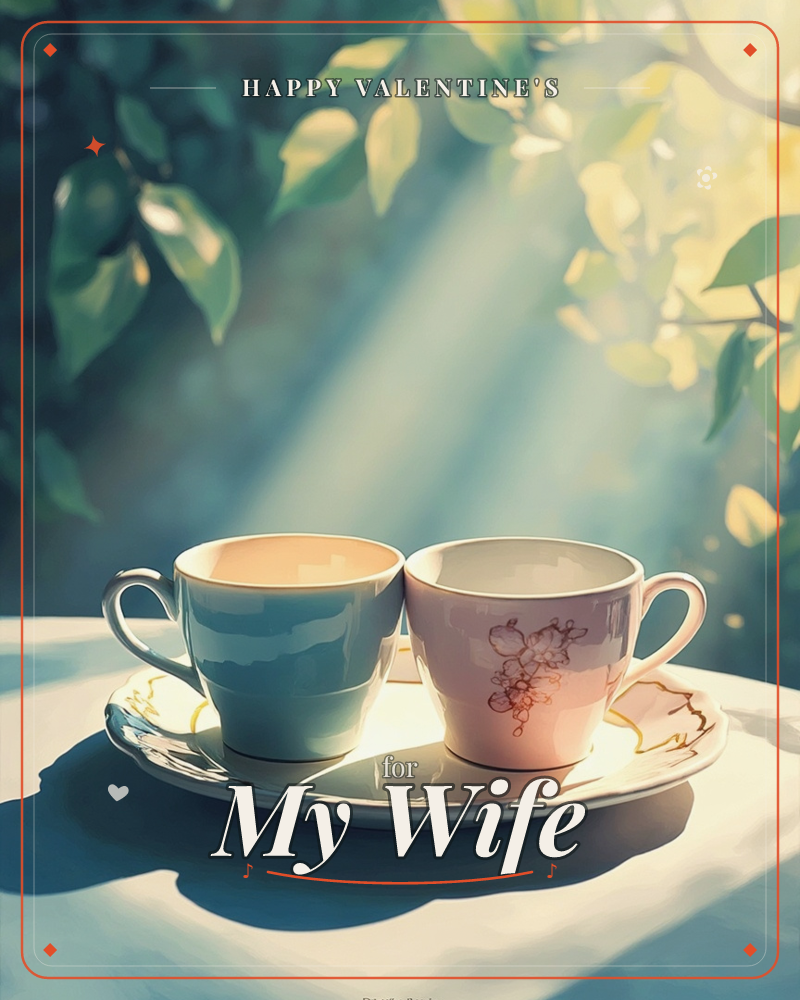 Two porcelain teacups, one pale sage green and one blush pink with a delicate floral design, rest side by side on a single white saucer atop a sunlit…, a valentine e-card design