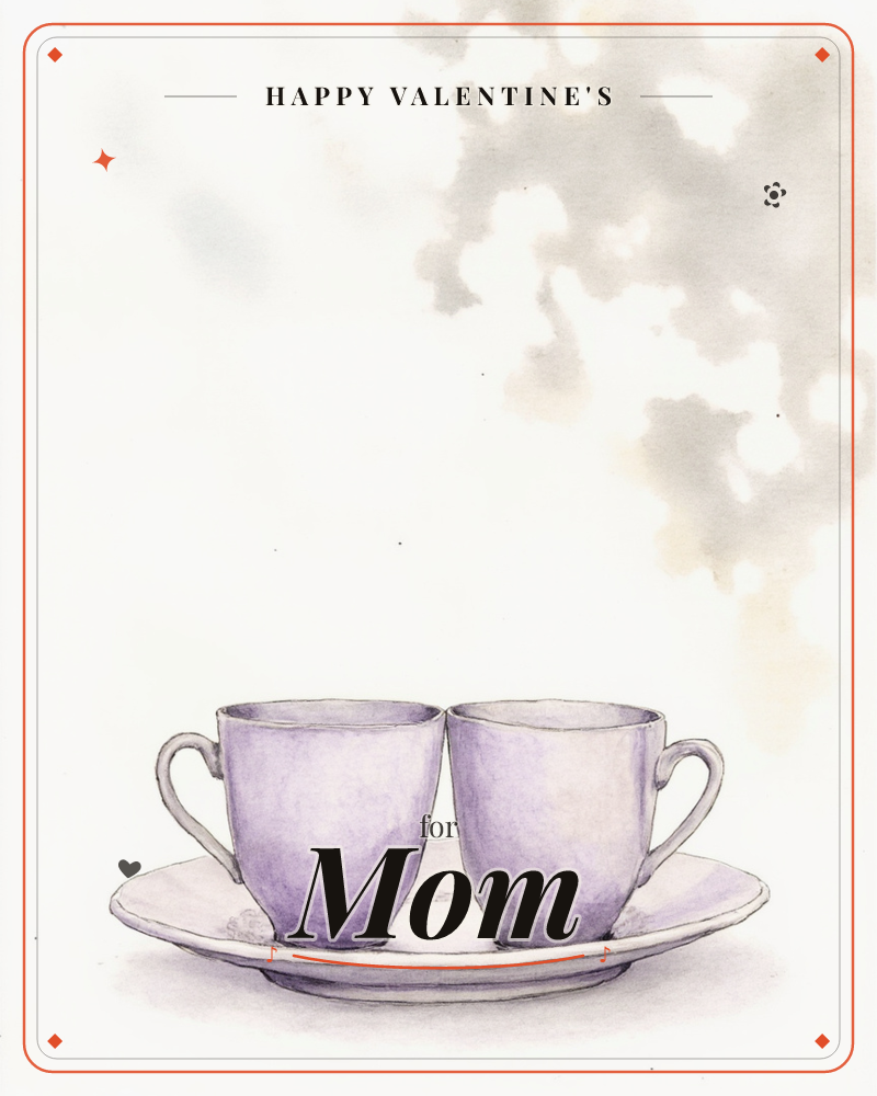 Two lilac teacups sit side by side on a single white saucer, their handles turned outward like mirror images, a valentine e-card design