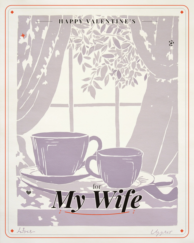 A monochrome purple print shows two teacups of different sizes resting on saucers on a tray, set before a curtained window with a leafy tree branch…, a valentine e-card design