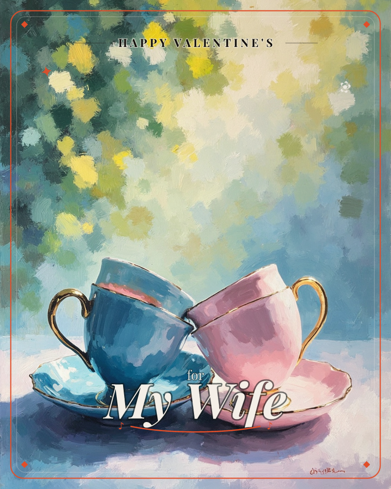 A blue teacup and a pink teacup lean together on their saucers, gold rims and handles catching the light, set against a soft blurred backdrop of…, a valentine e-card design