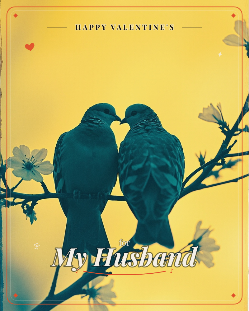 Two doves perch beak to beak on a blossoming branch, their feathers rendered in deep teal against a glowing golden-yellow backdrop that fades to shadow…, a valentine e-card design