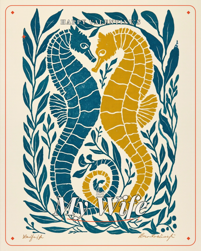 Two seahorses face each other with tails entwined in a rich linocut print, one inked in deep teal-blue and the other in warm mustard-gold, set against…, a valentine e-card design