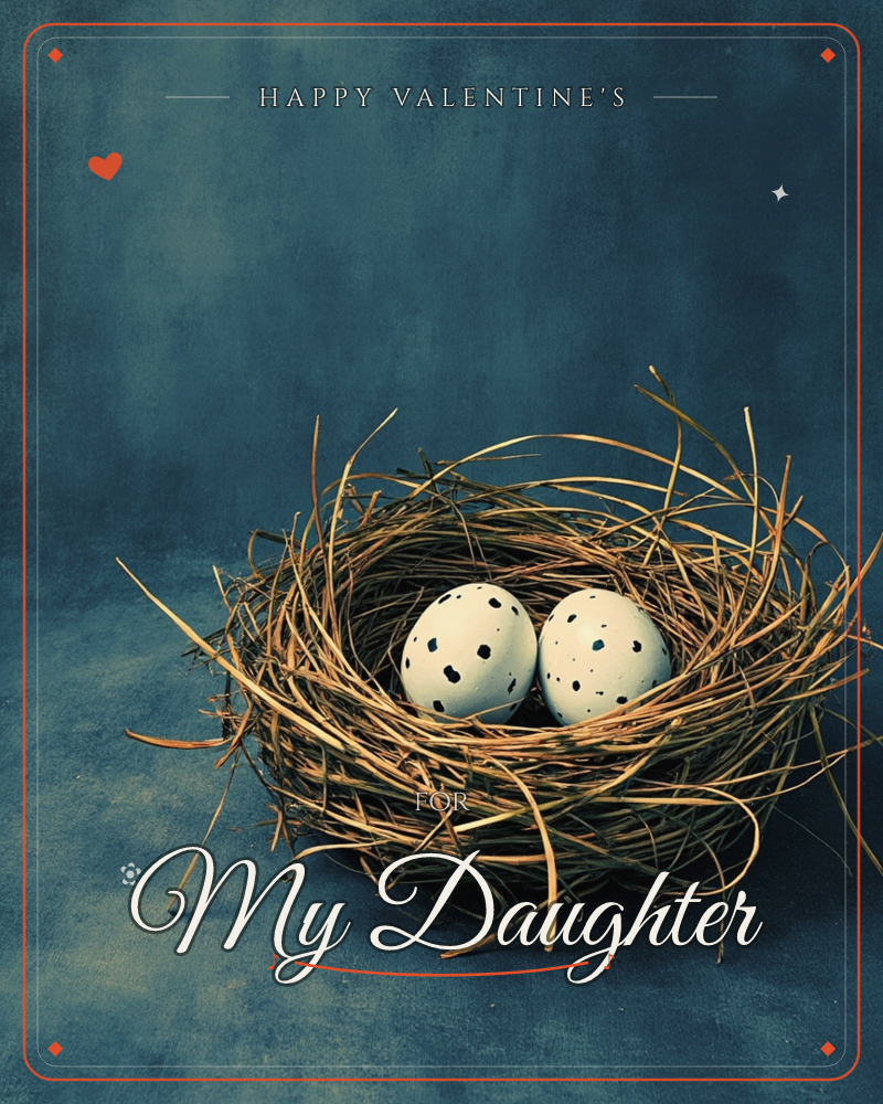 A woven twig nest sits low in the frame against a moody, textured dark teal backdrop, cradling two pale speckled eggs side by side, a valentine e-card design