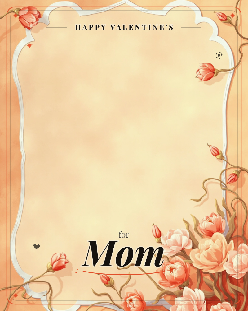 A scalloped cream frame with a soft silvery outline sits on a warm peach background, left empty for a message, a valentine e-card design