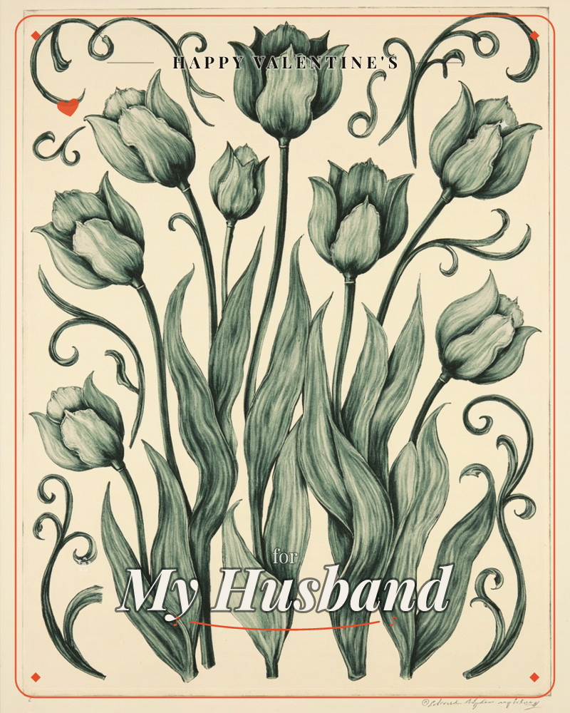 A tall arrangement of tulips rises against a plain cream background, each bloom rendered in fine engraved lines of sage and deep green, a valentine e-card design