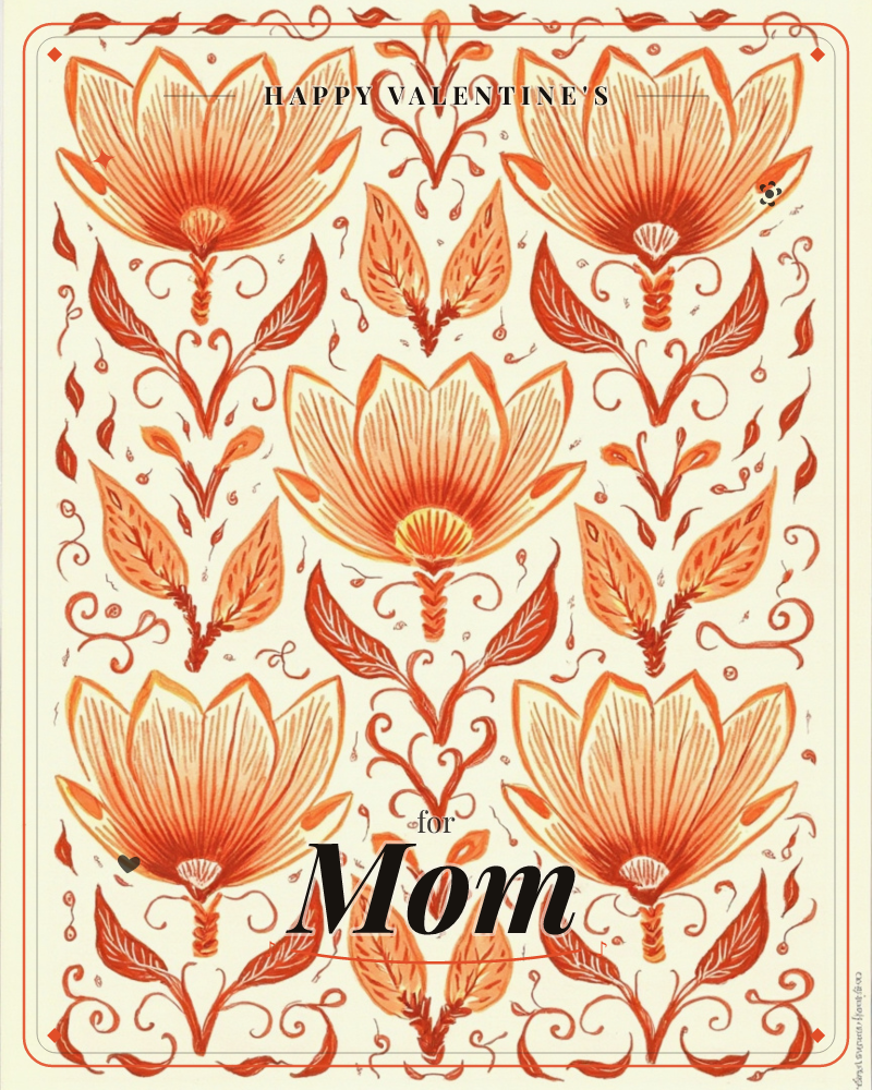 A folk-art pattern of stylized lotus-like blooms repeats across a cream background in shades of burnt orange and rust, a valentine e-card design