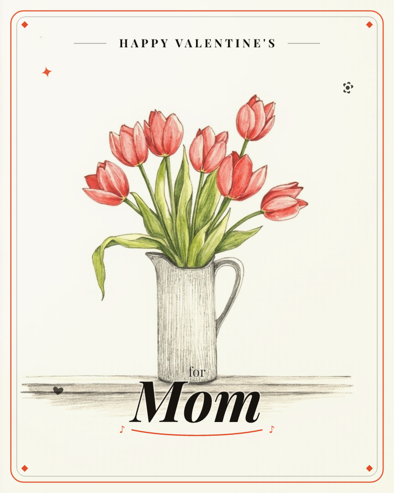 A tall white pitcher holds a loose bunch of red tulips, their green stems and leaves spilling casually over the rim, a valentine e-card design