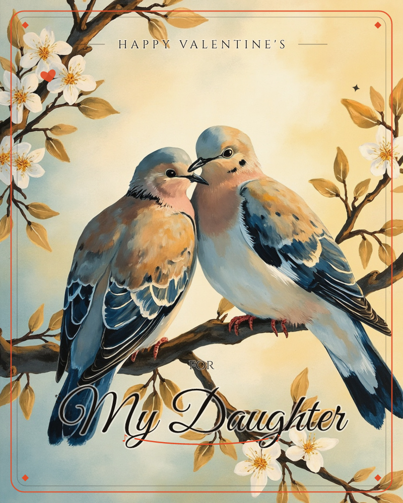 Two mourning doves perch beak to beak on a blossoming branch, their soft grey and rust-brown feathers catching a warm golden light, a valentine e-card design